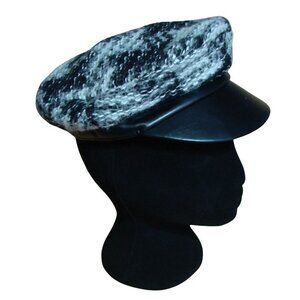 Tarnish Boucle Newsboy Cap Wool and Leather Black White Plaid Made In Italy OSFA